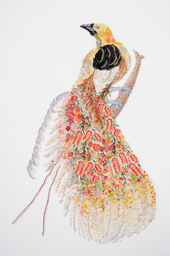 Louise Saxton - Ellis' Paradise 2011, after Ellis Rowan 1917. Reclaimed needlework, lace pins, nylon tulle.