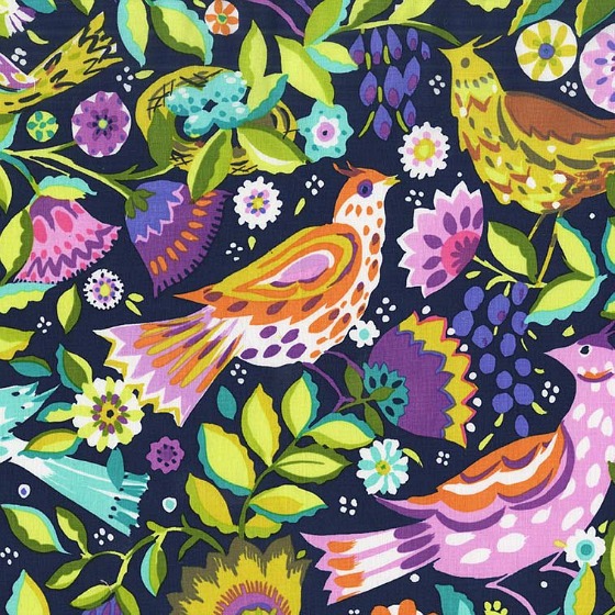 folk birds fabric in navy by Sarah Campbell