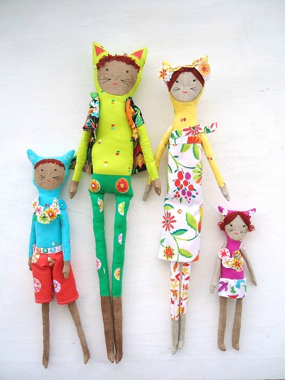 modflowers: Tropics family creature dolls in Sarah Campbell Melodies fabrics for Michael Miller