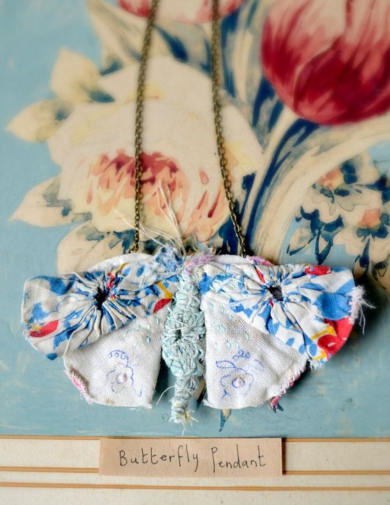 modflowers: hand stitched butterfly necklace made from vintage Suffolk puffs by Hen's Teeth Art