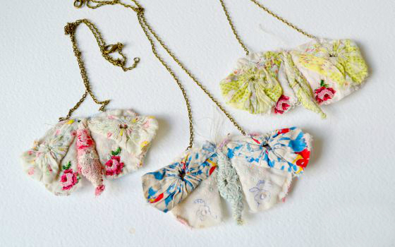 modflowers: hand stitched butterfly necklaces made from vintage Suffolk puffs by Hen's Teeth Art