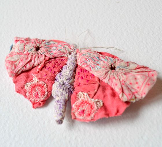 modflowers: hand stitched butterfly brooch made from vintage Suffolk puffs by Hen's Teeth Art