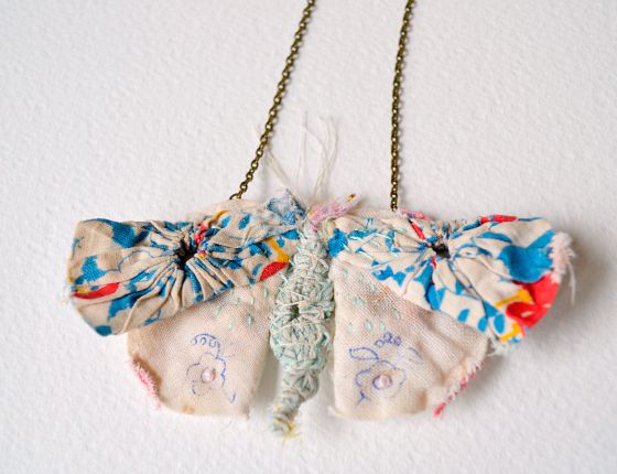 modflowers: hand stitched butterfly necklace made from vintage Suffolk puffs by Hen's Teeth Art