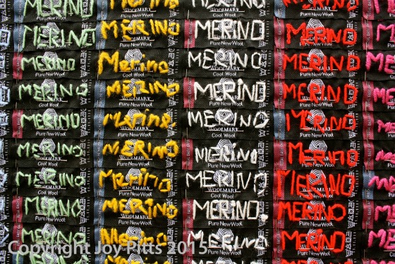 modflowers: "merino" labels stitched for Merino Sheep by Joy Pitts