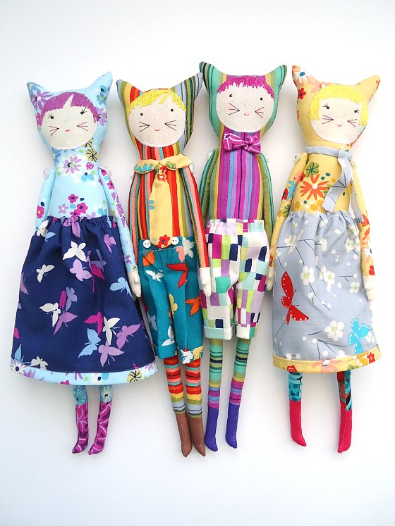 modflowers: gang of four: dolls in Sarah Campbell's Sea Holly fabrics