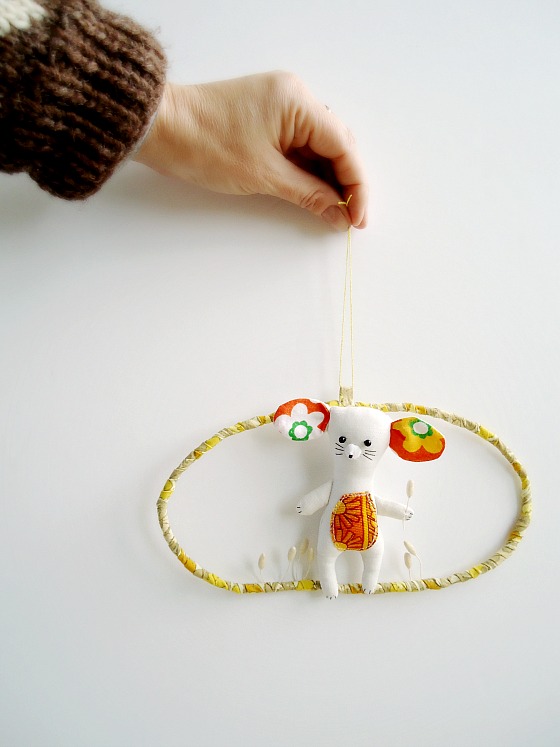 modflowers: hanging around - handmade mouse hanging art, soft sculpture